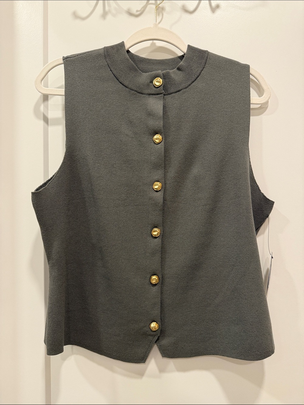 Sleeveless Knit Button-Front Camisole in Charcoal with Gold Buttons